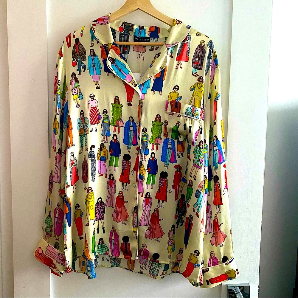 Karen Mabon 100% pistachio silk Barbiecore fashion girlie blouse NWT